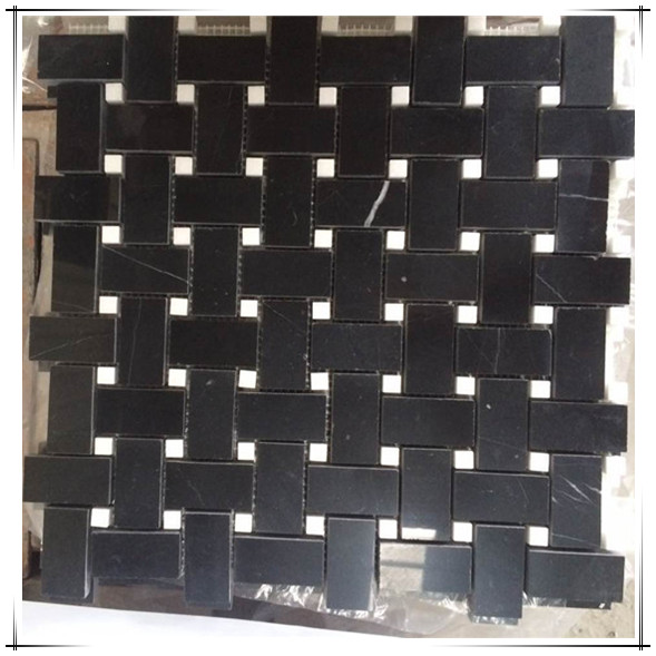 ES-N04 Nero Marquina Black 1x2 Basketweave Mosaic Tile with White Dots Polished