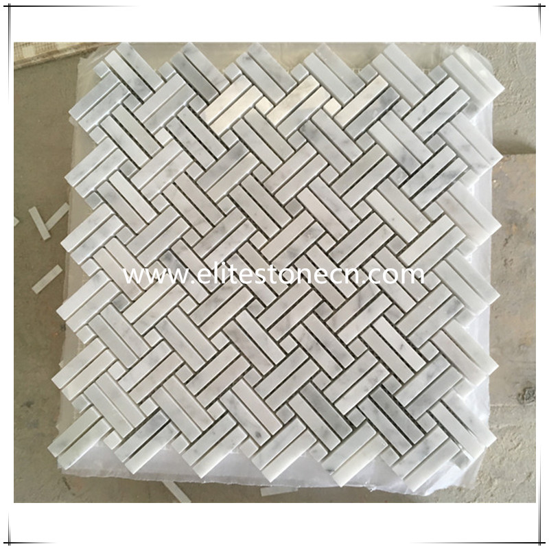ES-C09 Carrara Bianco Polished Diagonal Basketweave Stanza MosaicTile with Carrara White Dots Polished - Marble from Italy