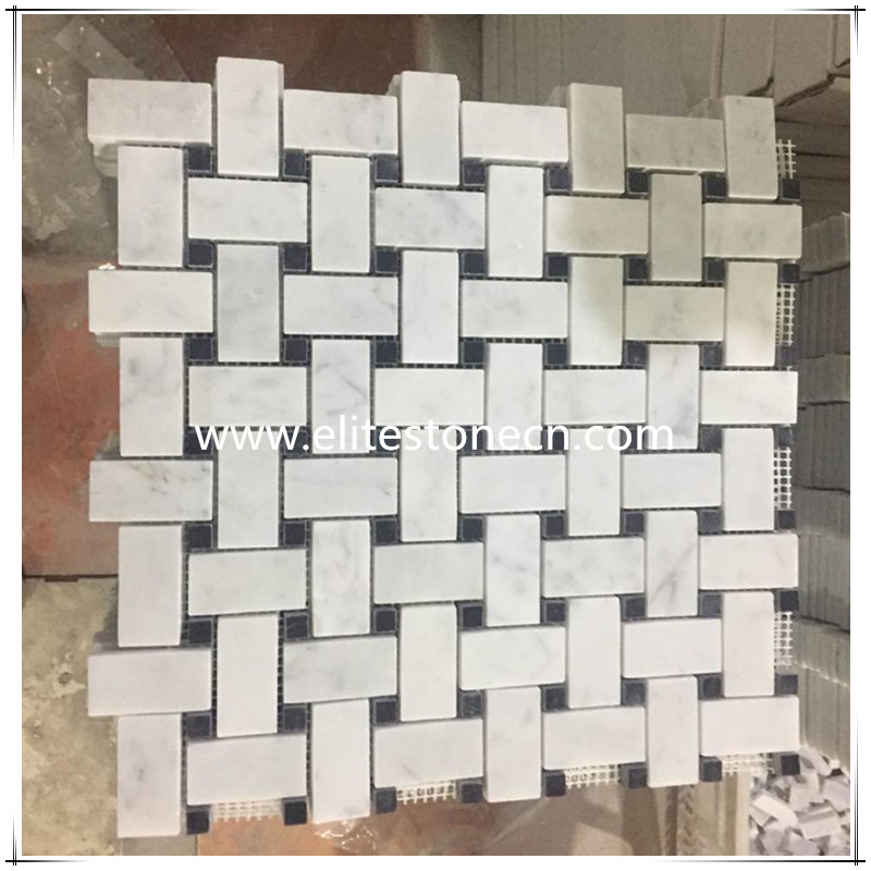 ES-C12 Carrara White 1x2 Basketweave Mosaic Tile with Black Dots Polished - Marble from Italy