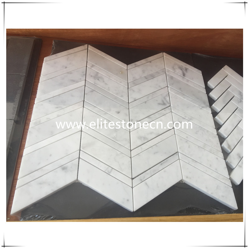 ES-C18 Carrara Marble Italian White Bianco Carrera Chevron Mosaic Tile with carrara white Strips Polished