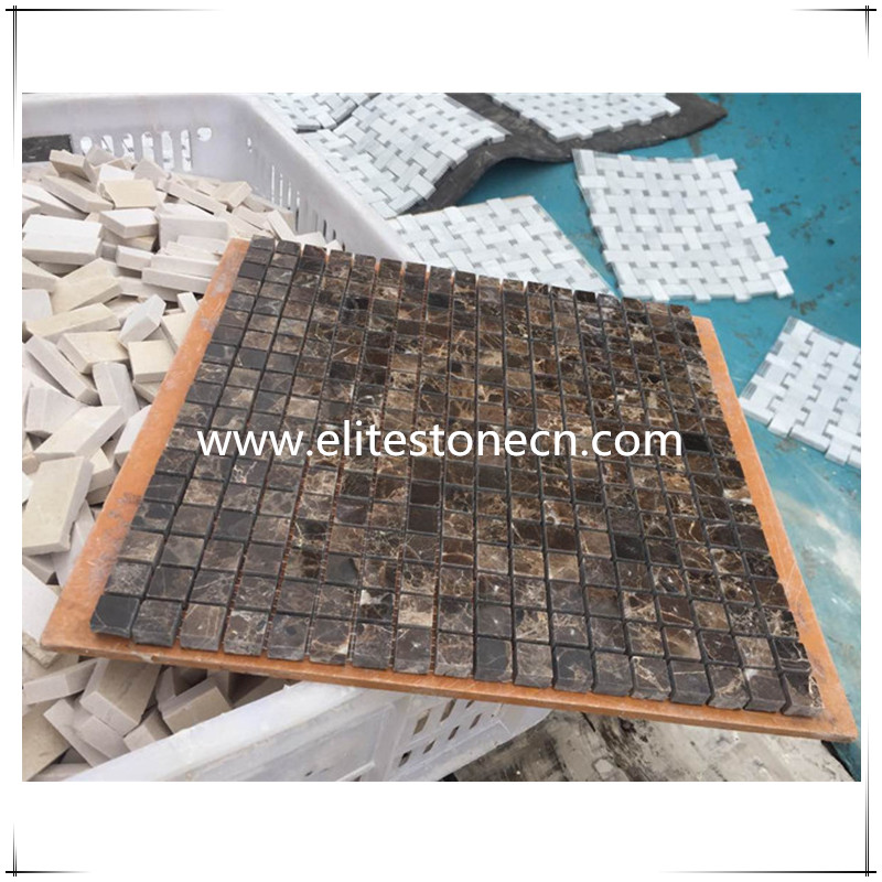 ES-Z01 Emperador Dark Spanish Marble Basketweave Border Mosaic Tile with Crema Marfil Marble Dots Polished