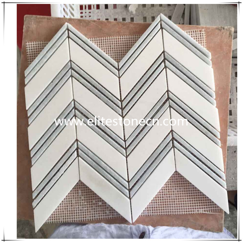 ES-T02 Thassos White 1x4 Chevron Mosaic Tile with Lines Polished  - Marble from Greece