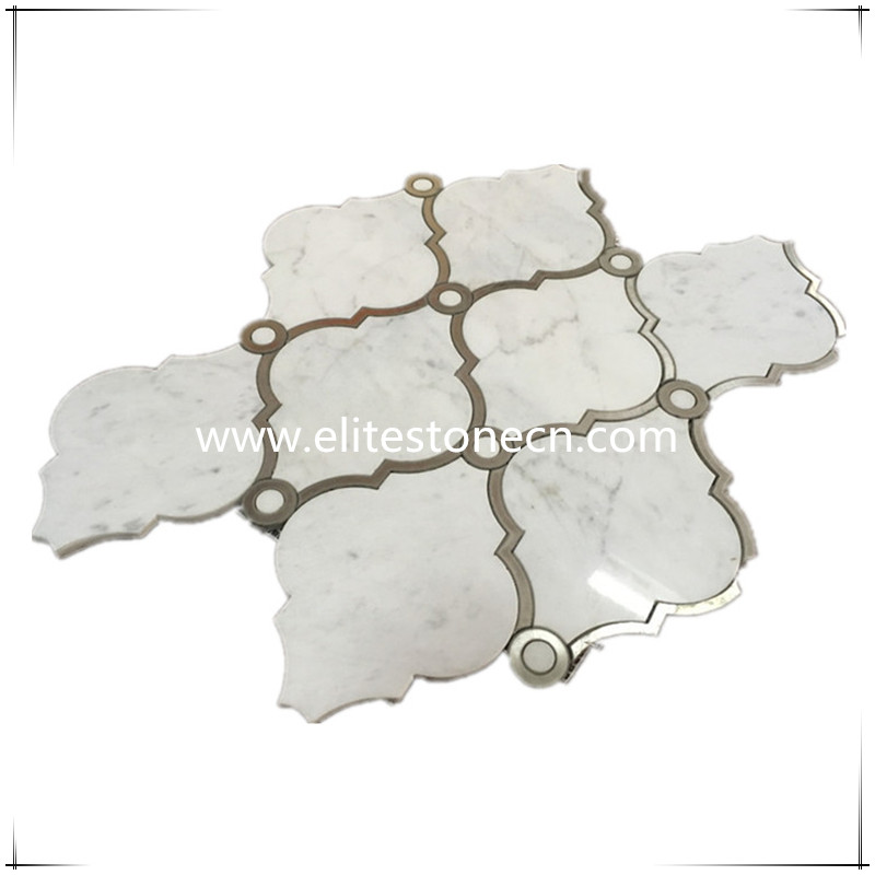 ES-W21 Bianco Carrara Mix Stainless Steel WaterJet Marble lantern shaped tile Mosaic
