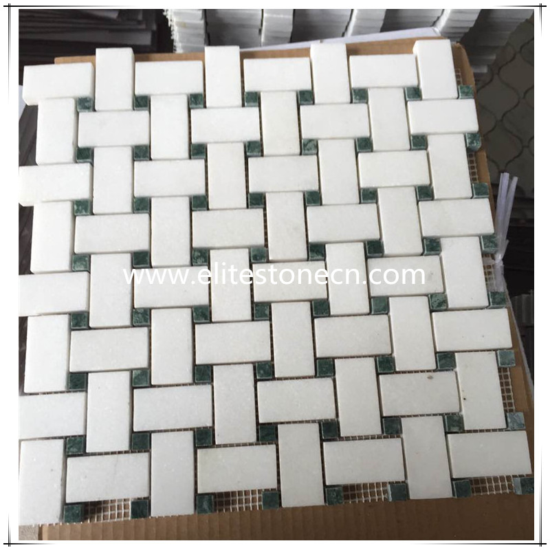 ES-T03 Thassos White 1x2 Basketweave Mosaic Tile with Green Dots - Marble from Greece