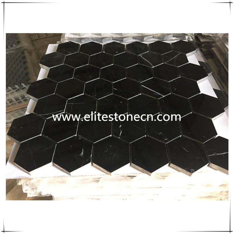 ES-N03 Nero Marquina Black Marble 2 inch Hexagon Mosaic Tile Polished
