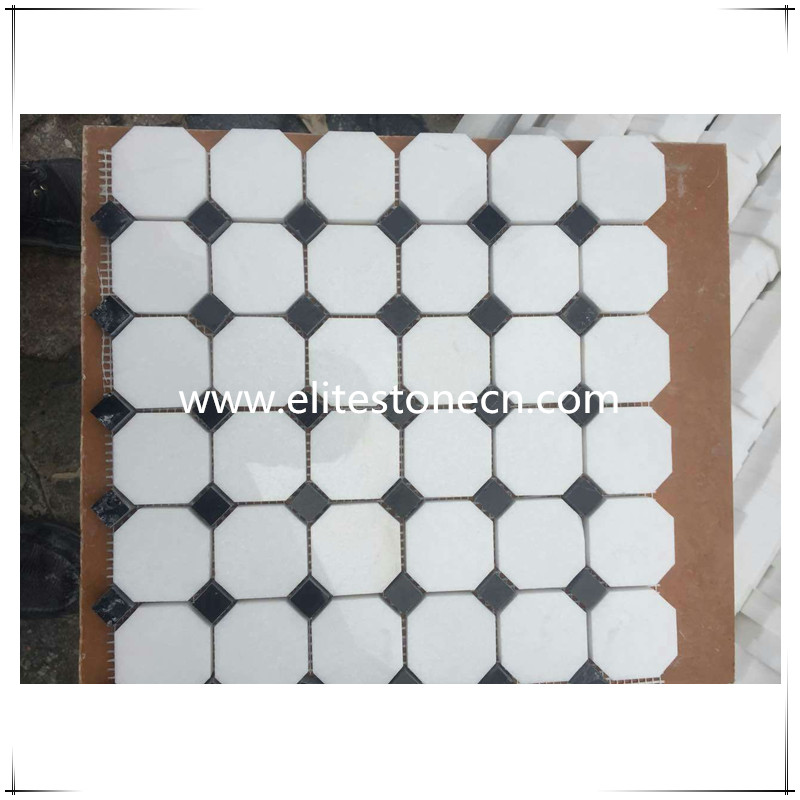 ES-T05 Thassos White 2 inch Octagon Mosaic Tile with Black Dots Polished - Marble from Greece