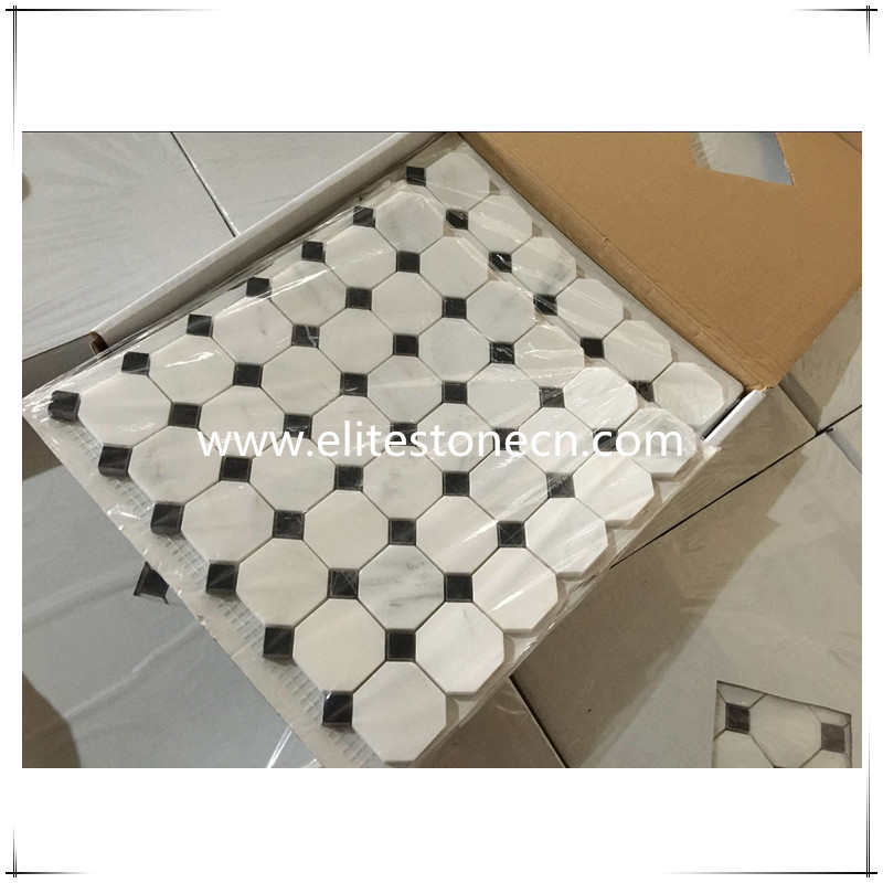 ES-O02 Oriental White 2 inch Octagon Mosaic Tile with Black Dots Polished 