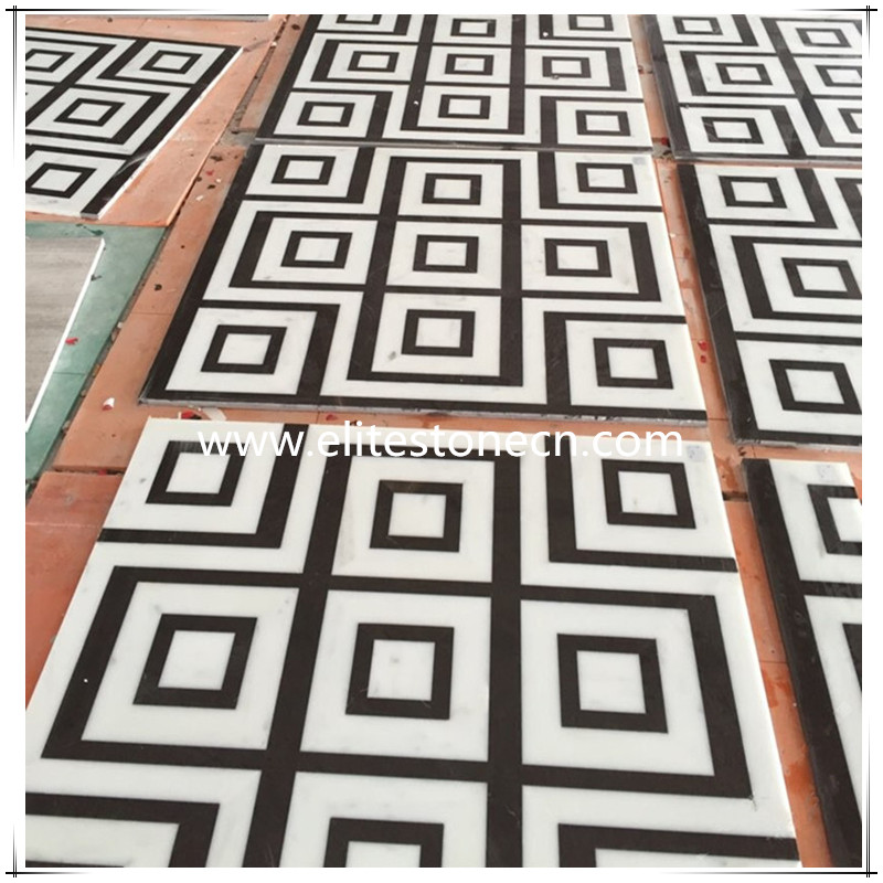 ES-J04 Black and white simple design marble waterjet floor pattern tiles
