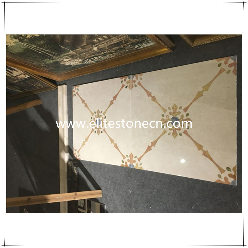 ES-J08 Home Flower Waterjet Beige Marble Tiles Inlay Design Floor Pattern