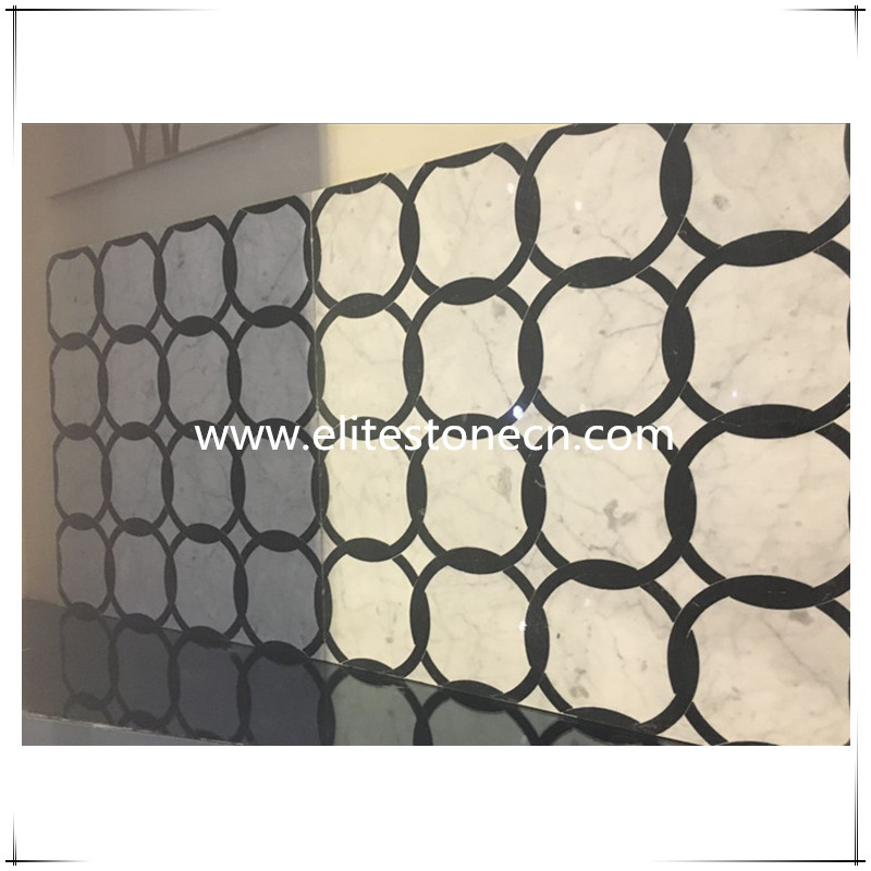 ES-J01 Round Carrara white and Black Marquina marble waterjet floor tile