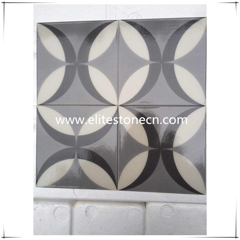 ES-E42 Circles Geometric Encaustic Black and White 8x8 Cement Tile Floor