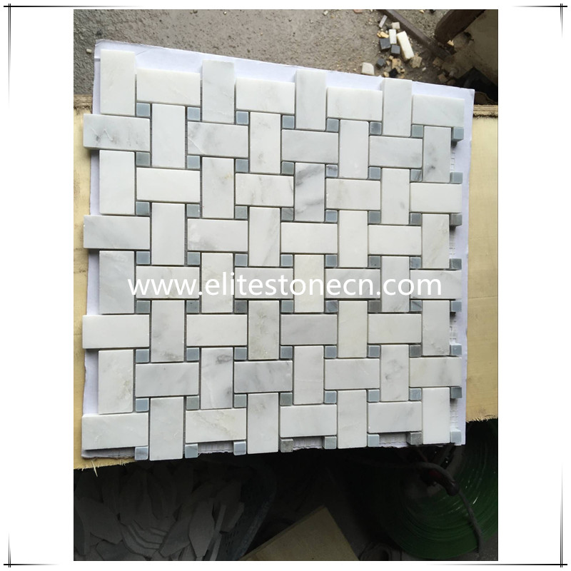 ES-O08 Oriental White 1x2 Basketweave Mosaic Tile with Blue Dots