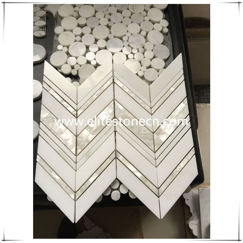 ES-J26 Chinese Backsplash Tile White Thassos And Shell Chevron Mosaic