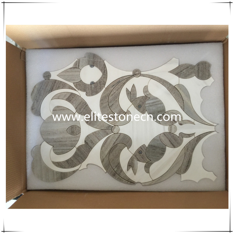 ES-W33 Hot Polished Oriental White and Wood Grain Grey Marble Mix Rabbit Pattern Waterjet Mosaic