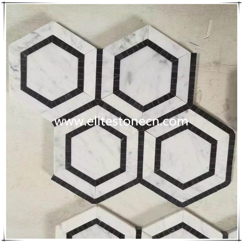 ES-W38 Hexagon Carrara white and Black Marquina marble mosaic floor tile