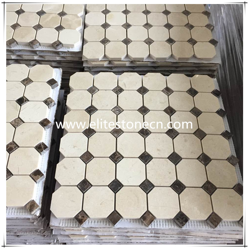 ES-A06 Crema Marfil 2 inch Octagon Mosaic Tile with Emperador Dark Dots Polished - Marble from Spain