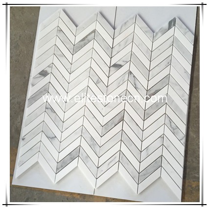 ES-T29  Kitchen Backsplash Home Decor Carrara White and Pure Thassos White Marble Waterjet Tile Mosaic Chevron Pattern 3D Marble