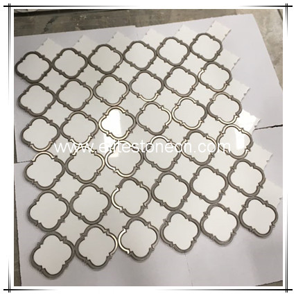 ES-T34 Waterjet Tile Stainless Steel Mixed Thassos White Marble Mosaic For Floor