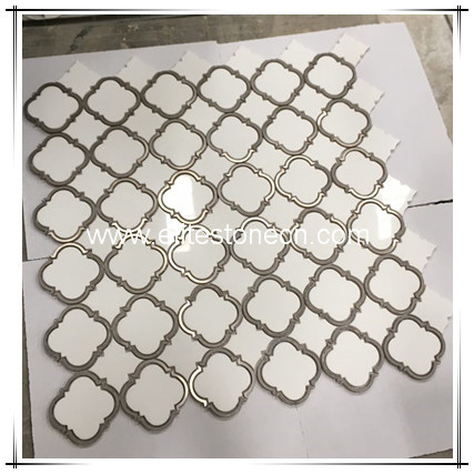 ES-T34 Waterjet Tile Stainless Steel Mixed Thassos White Marble Mosaic For Floor
