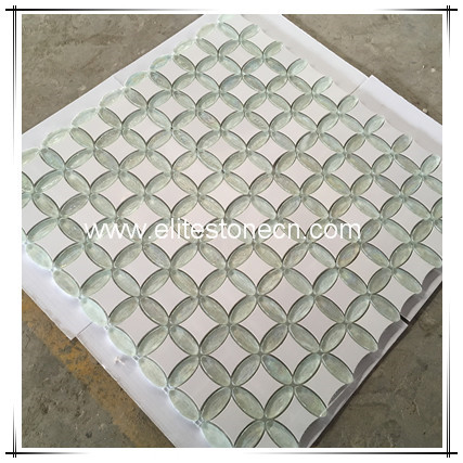 ES-S01 Green waterjet flower irregular glass mosaic tile for wall kitchen backsplash