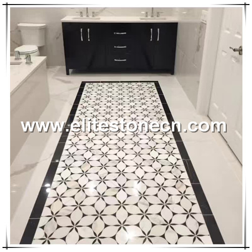ES-W73 White and Black Flower Pattern Water jet Marble Mosaic Bathroom Living Room