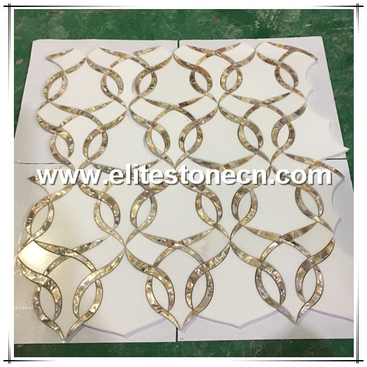 ES-W75 Thassos White Shell Design Waterjet Mosaic For Bathroom