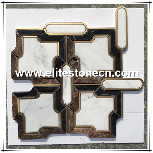 ES-W80 custom Super Quality Water Jet Cutting brass inlay carrara white marble Mosaic Tile