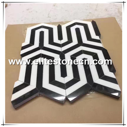 ES-W43 White with Black waterjet marble mosaic popular design for bathroom