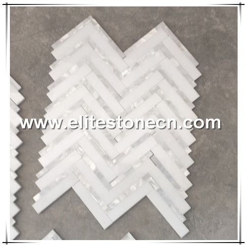 ES-W142  China Thassos White And Moher Pearl of Shell Mixed Herringbone Marble Mosaic