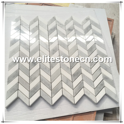 ES-R09  Premium White Thassos and Bianco Carrara White Polished Chevron Marble Mosaic