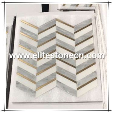 ES-W154 oriental white and oriental grey with brass chevron tile waterjet mosaic