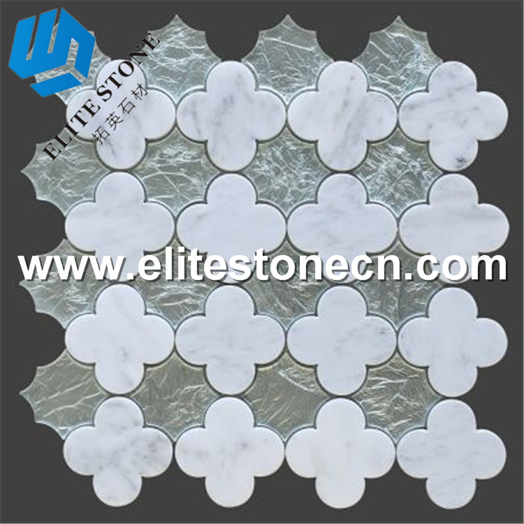 ES-W111 silver foil glass and carrara white marble flower mosaic 