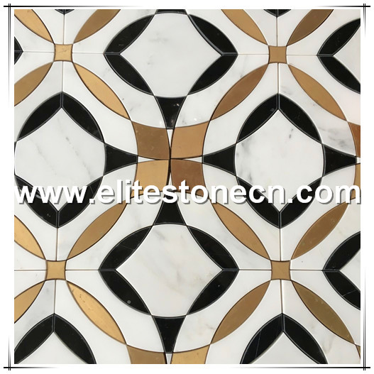 ES-W226 black mix white polished brass insert marble water jet mosaic tile