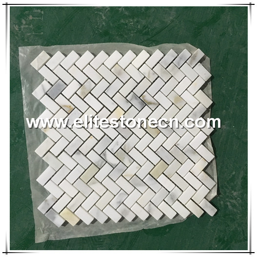 ES-G30 Calacatta Gold Marble Polished Mini Herringbone Mosaic Tile