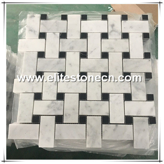 ES-C31 Polished Carrara White Marble Mosaic Basketweave Tiles With Black Dots For Shower Floor