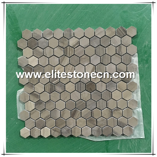 ES-H14  hexagon design marble mosaic grey wood grain natural stone mosaic