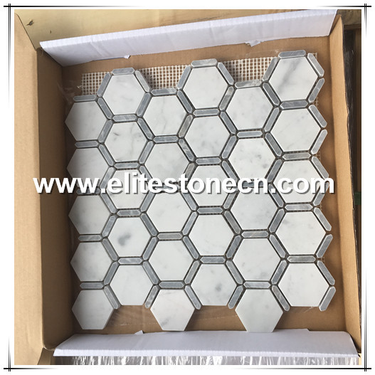 ES-R28 Italy Carrara White And Grey Marble Polished Hexagon Mosaic Wall Tile
