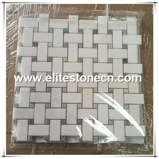ES-T15 Thassos crytal white basketweave marble with ming green dots mosaic tile