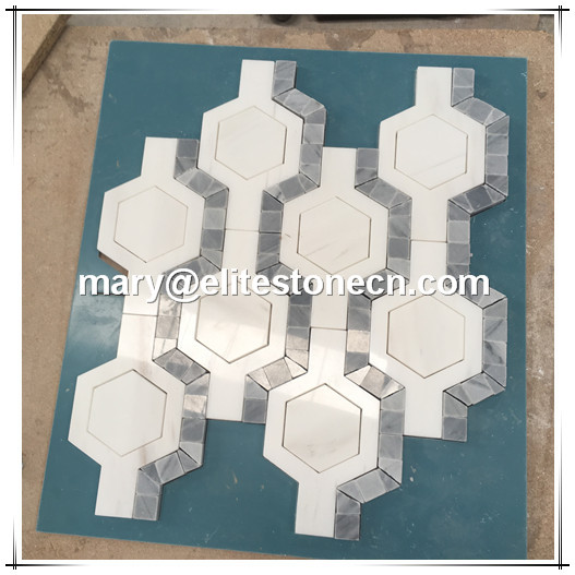 ES-W105 Hexagon white mosaic mixed grey marble tile for kitchen backsplash