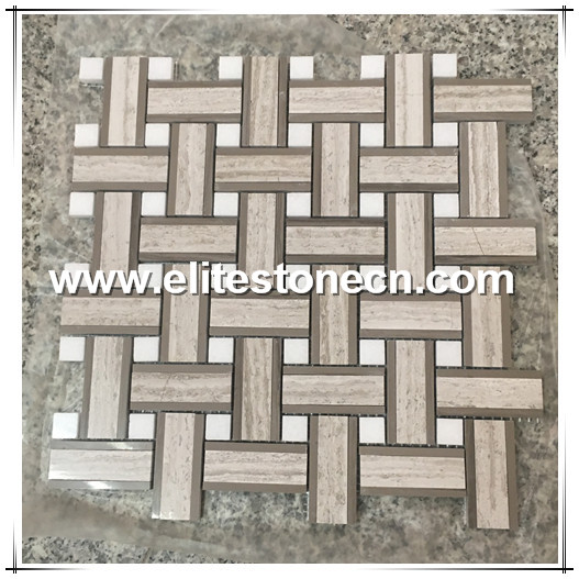 ES-H24  Polished Basketweave Wooden Grey Marble Mosaic