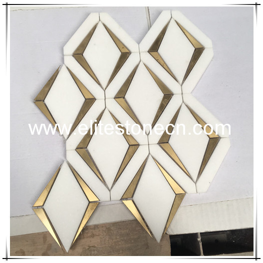 ES-W51 Thassos White Marble and Brass Mix Diamond Waterjet Tile Backsplash Mosaic