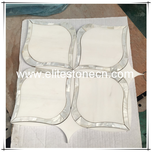 ES-W78 thassos white marble mix mother pearl of shell flower pattern water jet stone mosaic marble tile