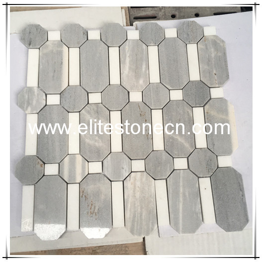 ES-W52 Natural Stone Latin Grey Mixed Himalaya White Waterjet Marble Mosaic for Bathroom