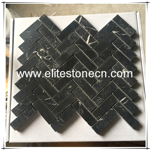 ES-N08 Nero Marquina 1x3 Herringbone Backsplash Kitchen Mosaic Tile Polished Marble from China