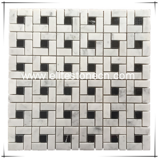 ES-C13 Carrara Marble Italian White Bianco Carrera Target Pinwheel Pattern Marble Mosaic Tile with Nero Marquina Black Dots