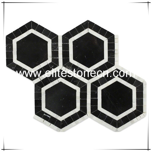 ES-N10 Hexagon white mosaic mixed black marble tile for kitchen backsplash