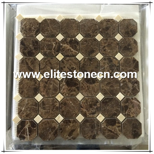 ES-Z04 EMPERADOR DARK POLISHED MARBLE OCTAGON MOSAIC TILE WITH CREMA MARFIL DOTS