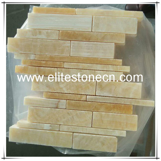 ES-Y01 Yellow Honey Onyx Random Strip Mosaics Polished Meshed on 12x12 Tiles for Backsplash