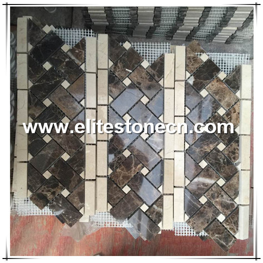 ES-K01 Emperador Dark Spanish Marble Basketweave Border Mosaic Tile with Crema Marfil Marble Dots Polished