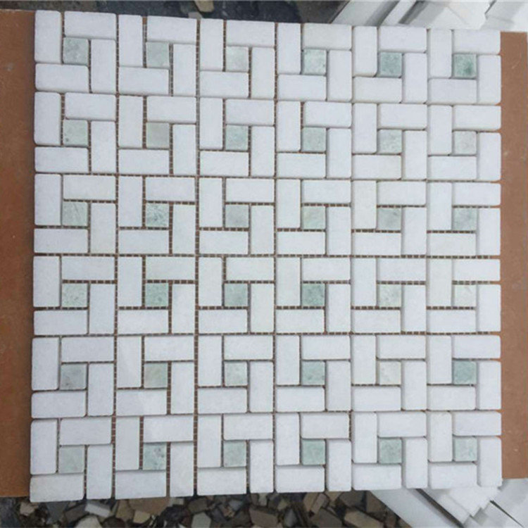ES-T23 Pinwheel Polished Ming Green Mosaic Mixe White Thassos Marble Mosaic Tile